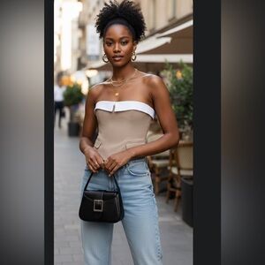 Zara Stylish Tan Strapless Top with White Trim